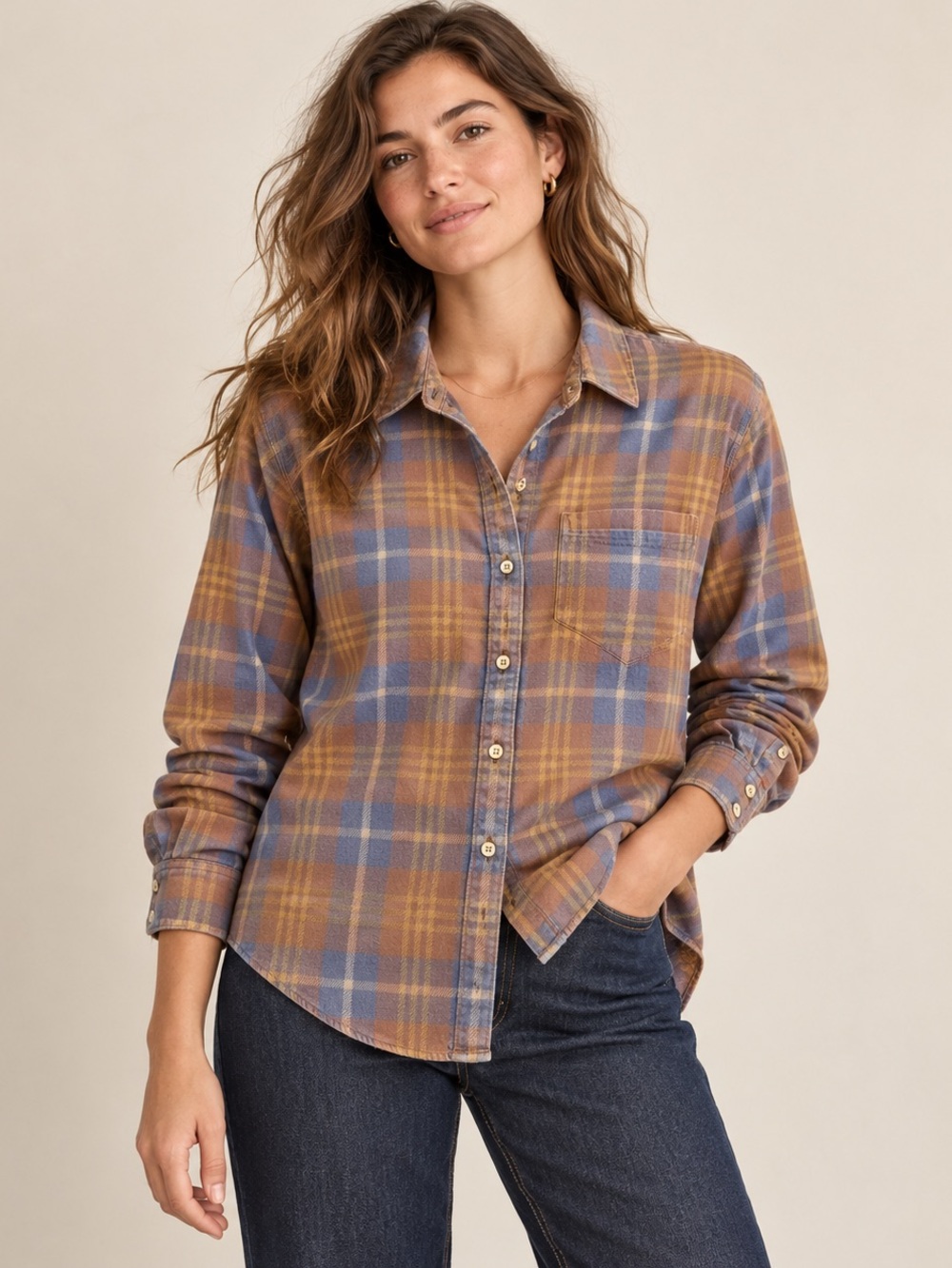 Madewell 100% Cotton Plaid Button-Up Shirt Blue Brown Small